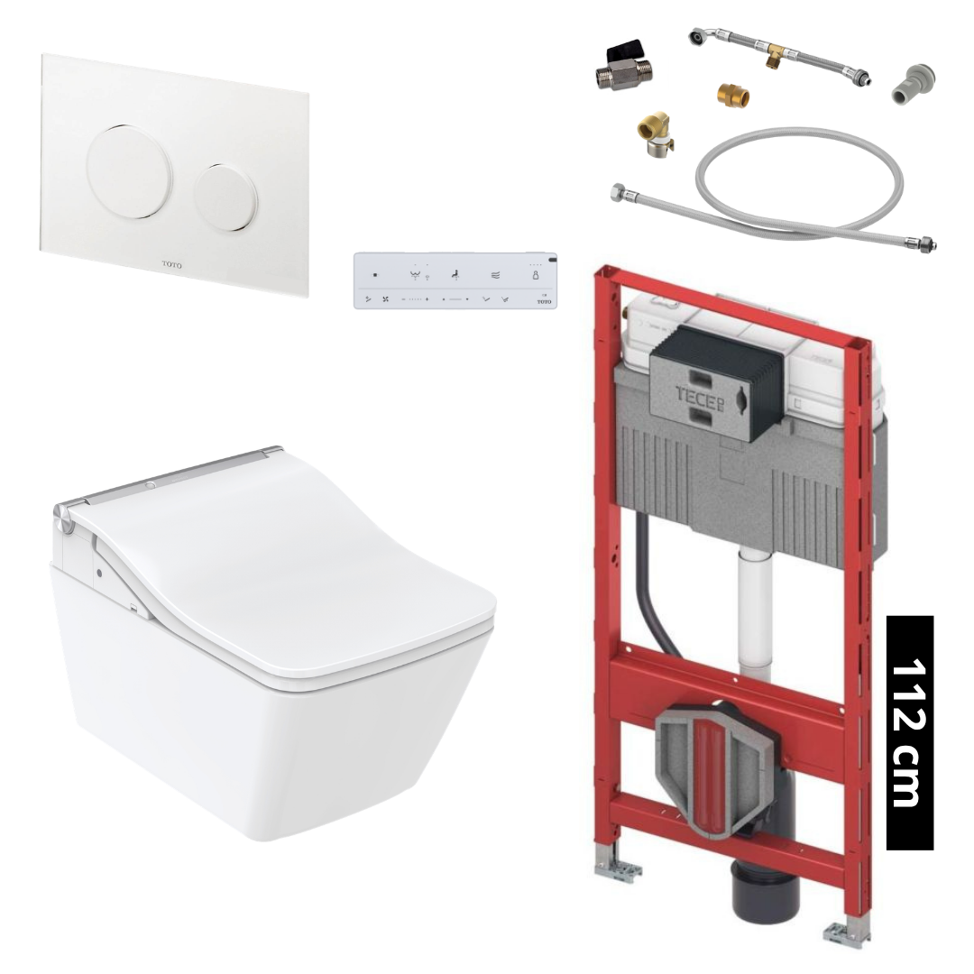 TOTO - TECE Set Washlet SW Dusch-WC inkl. Vorwandelement (112 cm) u. Betätigungsplatte Glas Weiß