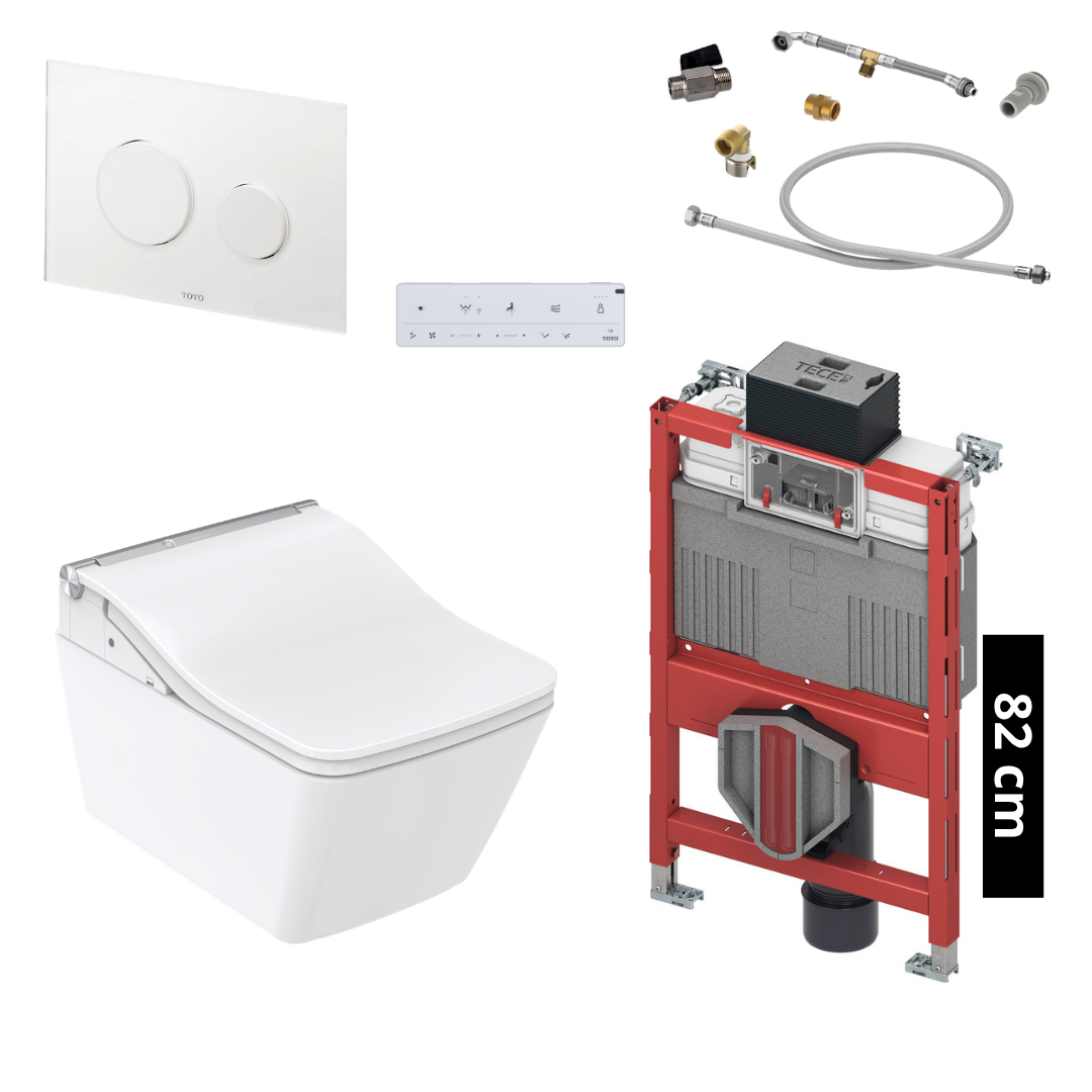 TOTO - TECE Set Washlet SW Dusch-WC inkl. Vorwandelement (82 cm) u. Betätigungsplatte Glas Weiß