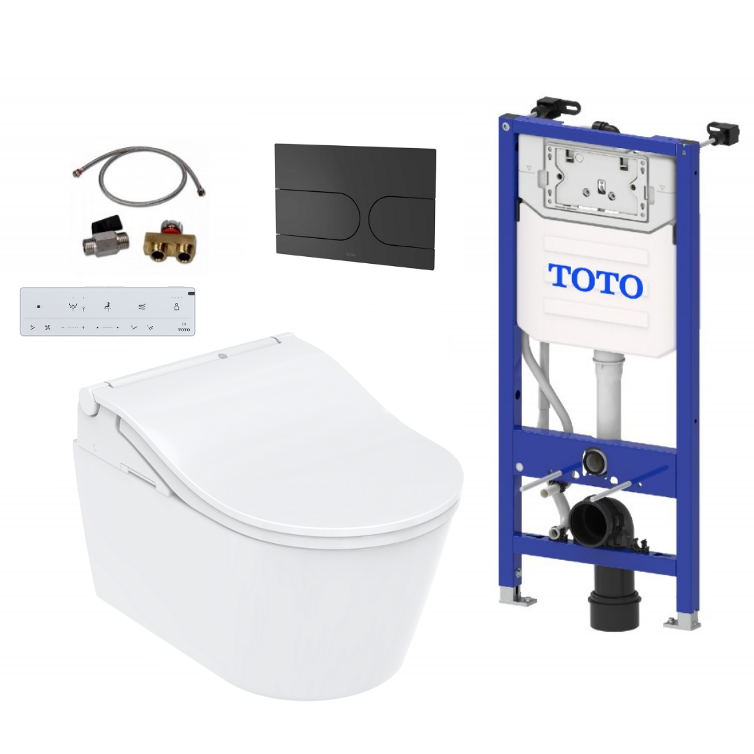 TOTO Komplettset Washlet RW auto flush Dusch-WC, weisse leiste inkl. Vorwandelement u. matt Schwarz Betätigungsplatte