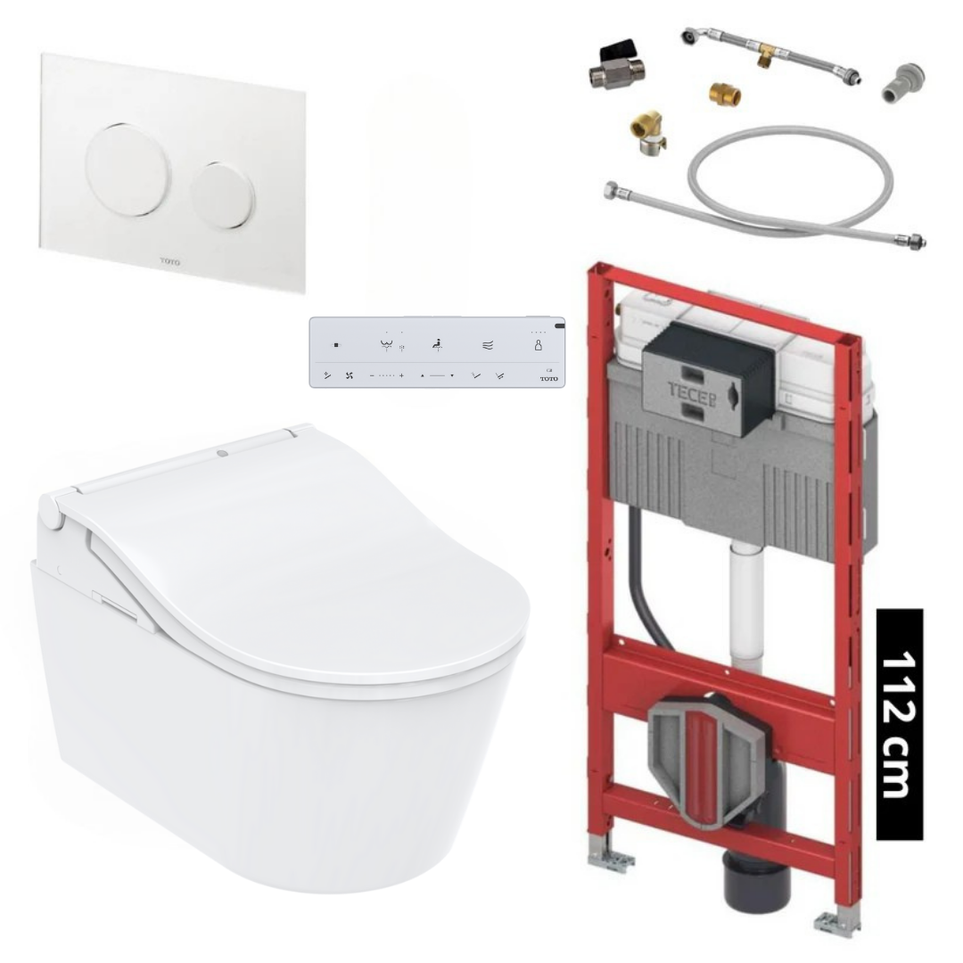 TOTO - TECE Set Washlet RW Dusch-WC, weisse leiste inkl. Vorwandelement (112 cm) u. Betätigungsplatte Glas Weiß