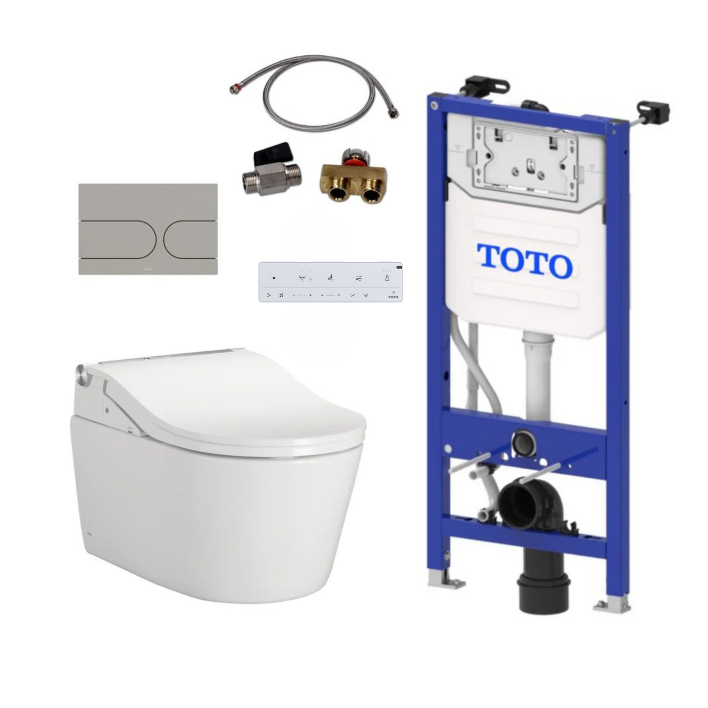 TOTO Komplettset Washlet RW auto flush Dusch-WC, silberne leiste inkl. Vorwandelement u. silber Betätigungsplatte, inkl. weißer Fernbedienung
