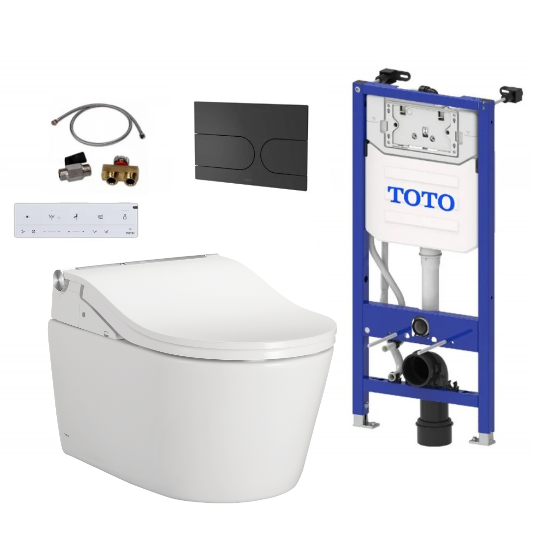 TOTO Komplettset Washlet RW auto flush Dusch-WC inkl. Vorwandelement u. matt Schwarz Betätigungsplatte