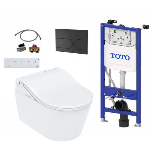 TOTO Komplettset Washlet RW auto flush Dusch-WC, weisse leiste inkl. Vorwandelement u. matt Schwarz Betätigungsplatte