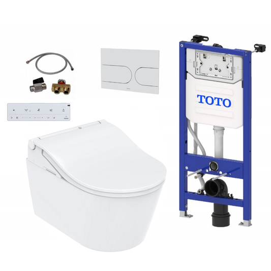 TOTO Komplettset Washlet RW auto flush Dusch-WC, weisse leiste inkl. Vorwandelement u. matt Weiß Betätigungsplatte