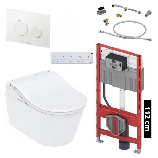 TOTO - TECE Set Washlet RW Dusch-WC, weisse leiste inkl. Vorwandelement (112 cm) u. Betätigungsplatte Glas Weiß